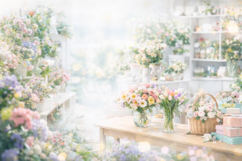 明るい店内でブーケや花材が並ぶフラワーショップの写真
