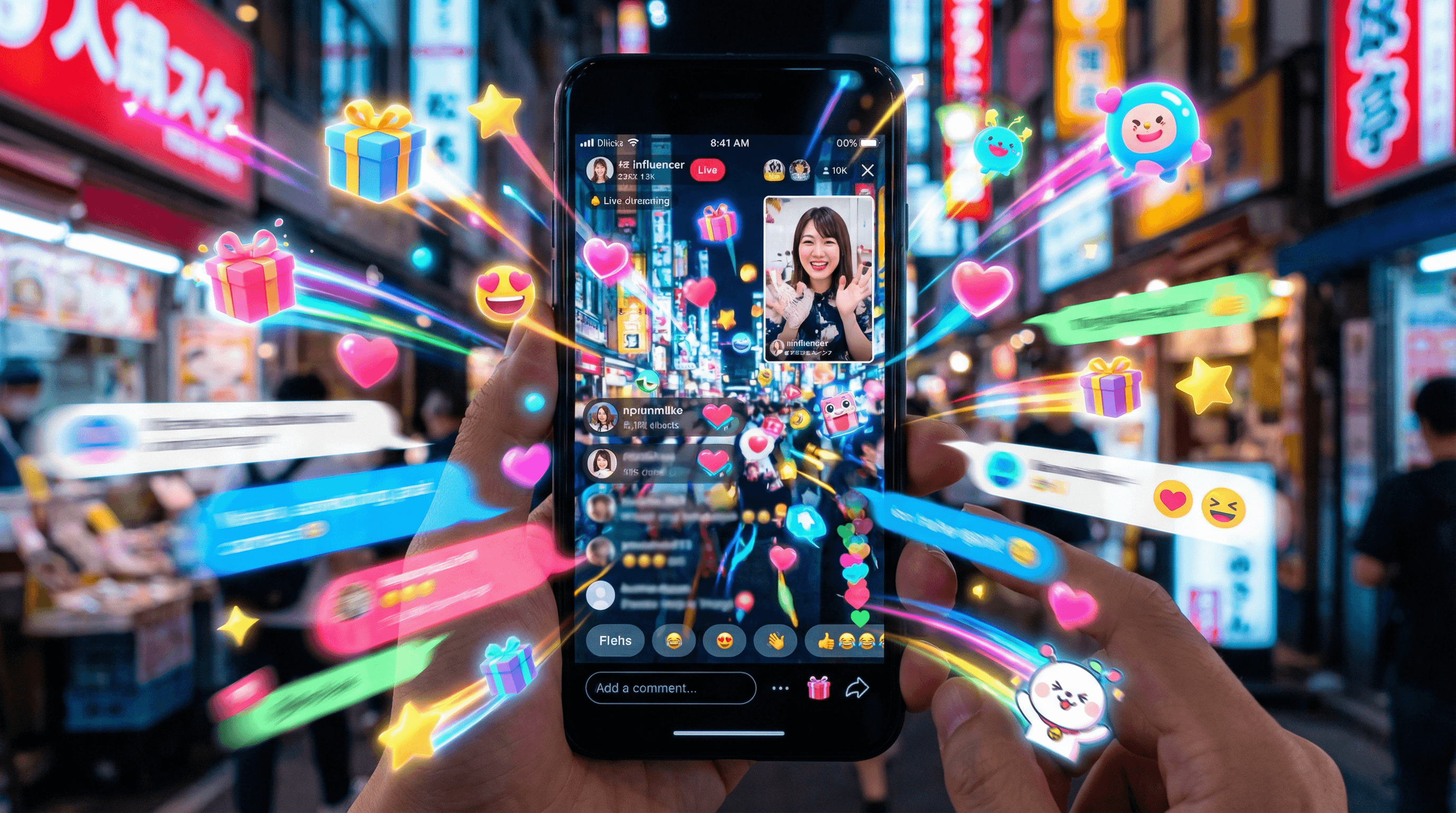 スマホの配信画面。コメントやギフトが飛び交う熱狂的な様子。
